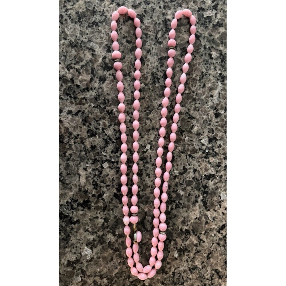 Vintage Pink White Swirl Slag Art Glass Bead Necklace Handcrafted Faceted Barrel